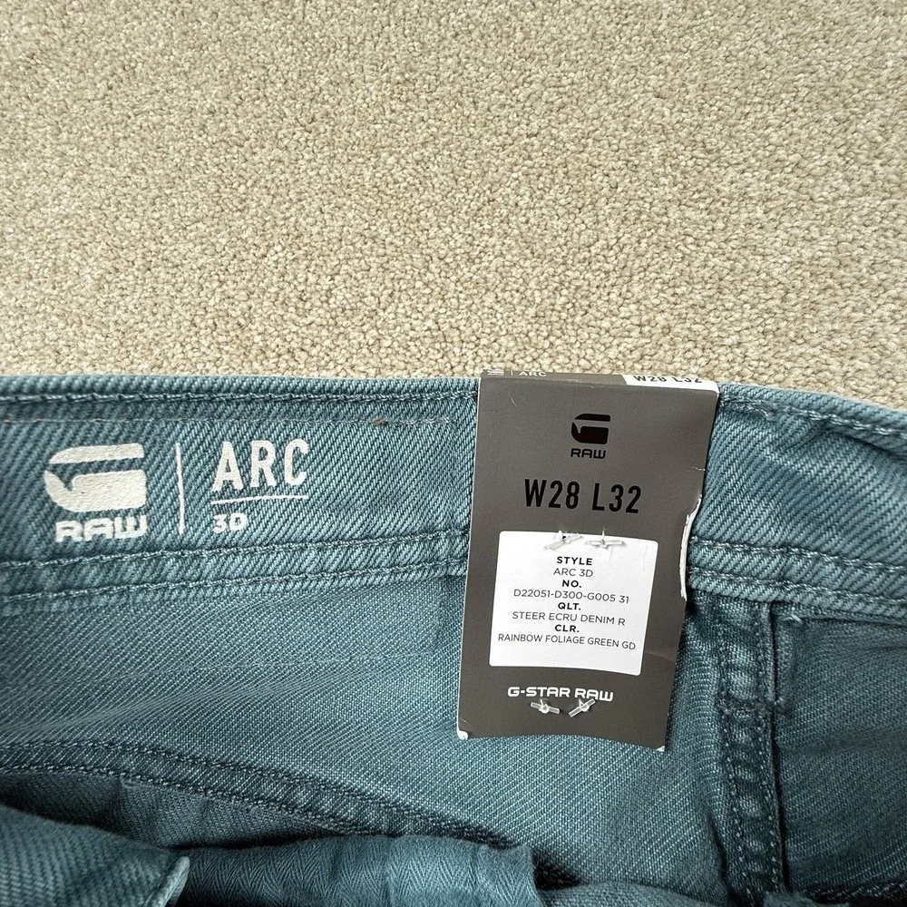 G-Star Raw Mens Arc 3D Jeans Size 28x32 Rainbow‎ Foliage Green Steer Ecru Denim